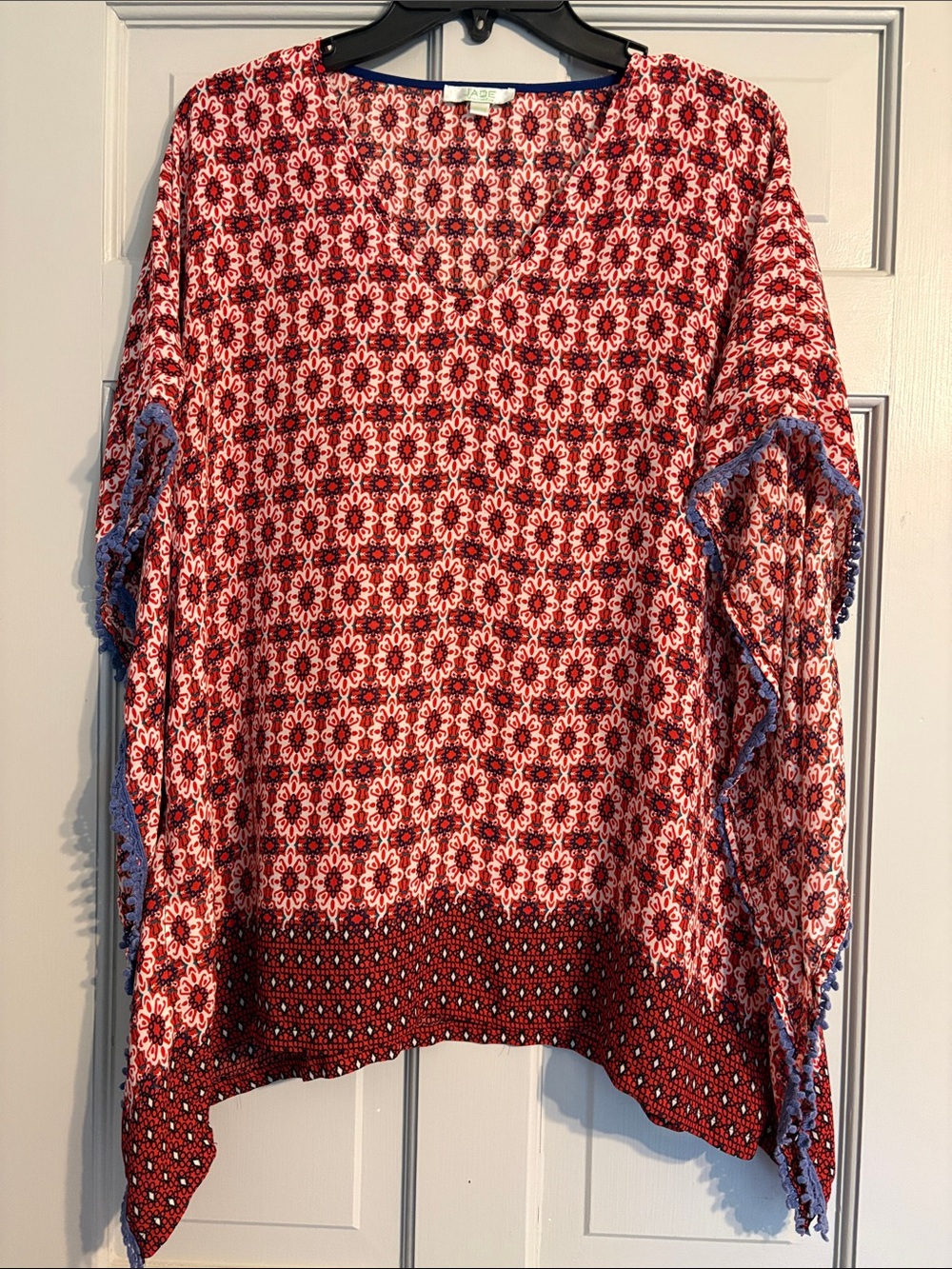 Jade Melody Tam S/M Red Floral Printed Boho Tunic Top with Blue Fringe Trim